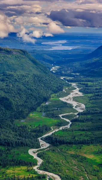Coração verde do Alasca - um rio que serpenteia pela floresta anã verde — Fotografia de Stock