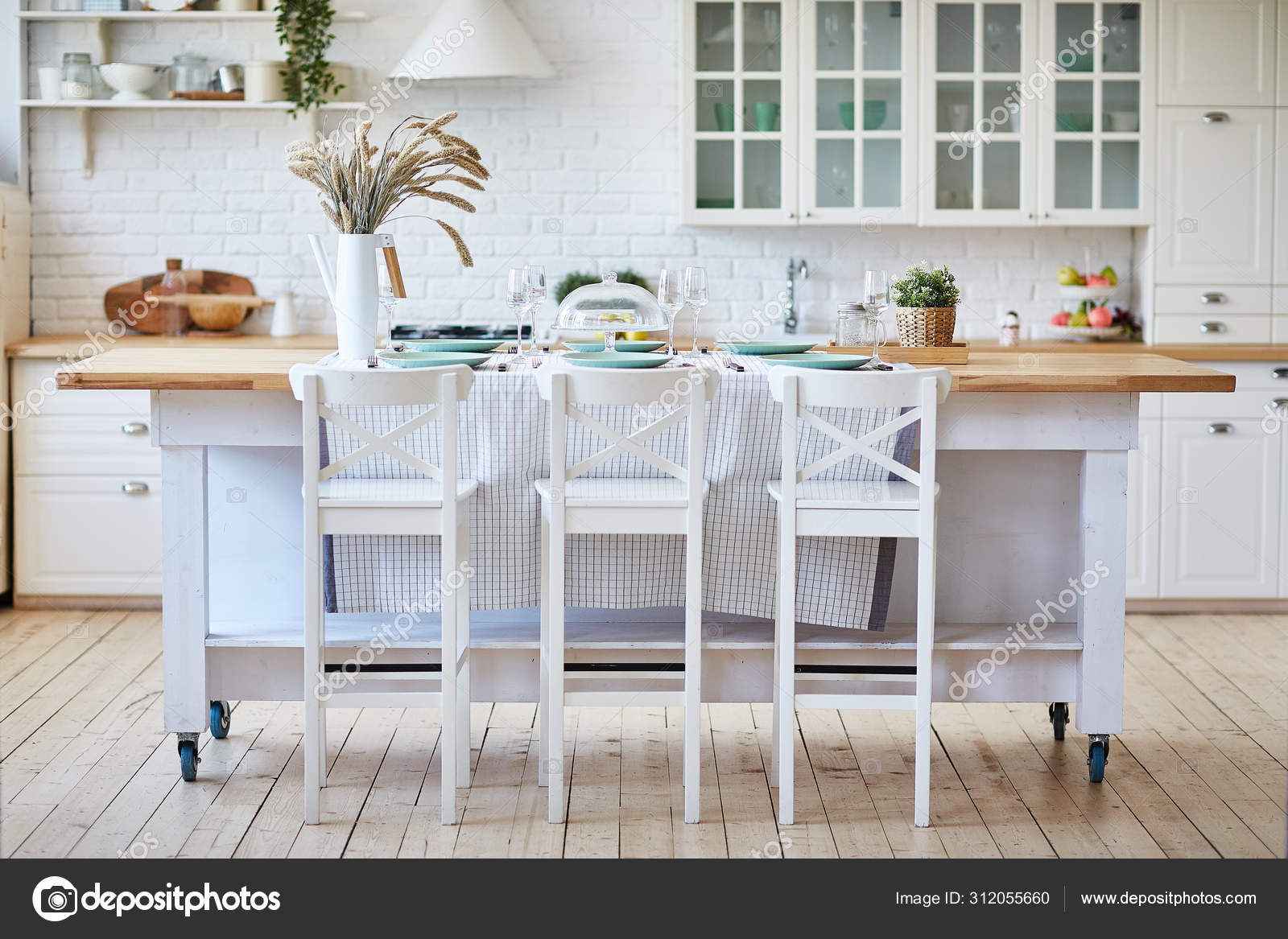 Beautiful White Wooden Kitchen With Island Table And Chairs Stock Photo Kutanya2 312055660