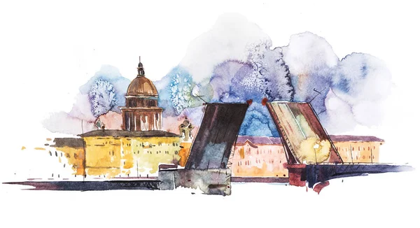 Chov mosty v Petrohradu. Akvarel, ilustrace. — Stock fotografie