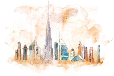 Dubai Cityscape Simgesel Yapı siluetinin manzarası. Suluboya resim