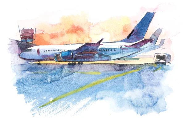 Das Flugzeug steht am Flughafen auf dem Startplatz. Aquarellillustration — Stockfoto