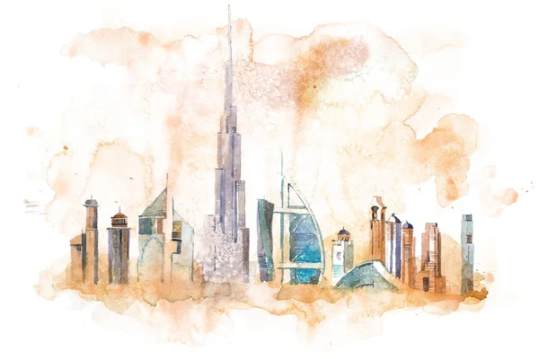 Panoramę Dubaju gród landmark panoramę. Akwarela, ilustracja — Zdjęcie stockowe