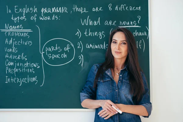 Portrait of female english teacher in front of blackboard. — Stock Photo, Image