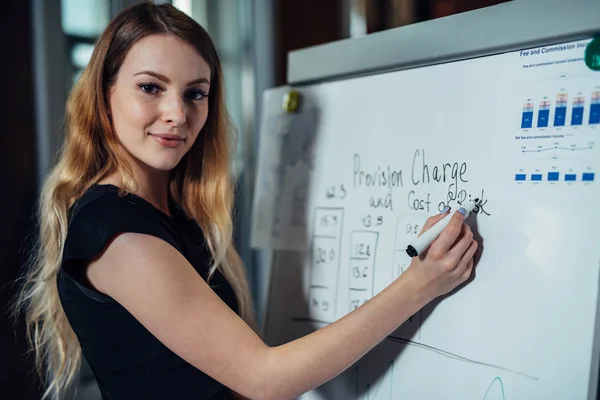 Retrato de una joven líder escribiendo en pizarra explicando nuevas estrategias durante la conferencia en una oficina — Foto de Stock