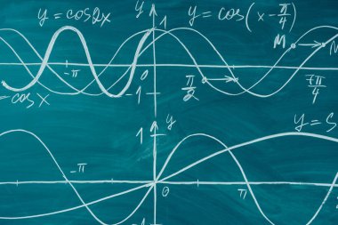 Trigonometri. Okul kara tahta fonksiyon grafikleri matematik ders.