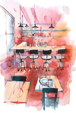 Rahat kafe ya da Restoran, içinin boş yemek yer ve bar counter