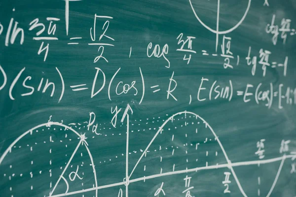 Trigonometry. School Chalkboard Function graphs Math lesson. — Stock Photo, Image