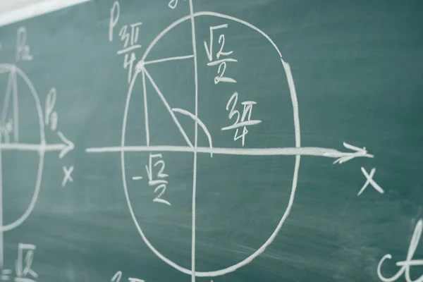 Lezione di matematica scolastica. Trigonometria. Grafici delle funzioni della lavagna . — Foto Stock