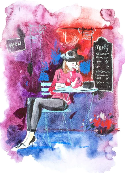 Женщина сидит за столом уличного кафе Акварельная иллюстрация — стоковое фото
