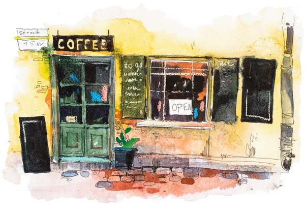 Malownicze krajobrazy miejskie ulicznych kawiarni akwarela, ilustracja — Zdjęcie stockowe