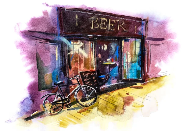 Cerveja bar ou pub Watercolor ilustração Paisagem urbana cênica . — Fotografia de Stock