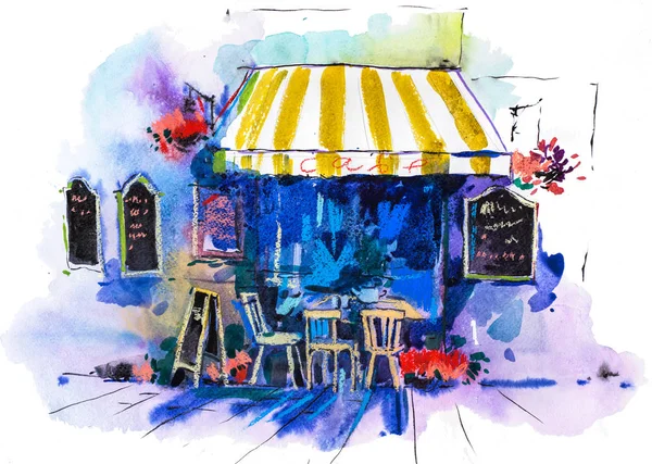 Paisagem urbana cenográfica rua café Watercolor ilustração — Fotografia de Stock