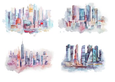 Çizim cityscape büyük şehir şehir, aquarelle suluboya