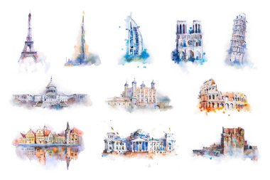 Watercolor drawing most famous buildings, architecture, sights of European and other countries clipart