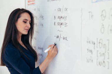 İngilizce dil öğrenmek. Öğretmen beyaz tahta yakınındaki kuralları açıklar.