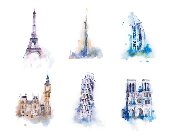 Watercolor drawing most famous buildings, architecture, sights of different countries. Westminster Palace, Big Ben, tower of Pisa, Notre-dame, Eiffel tower, Burj Khalifa, Burj Al Arab. — Stock Photo, Image