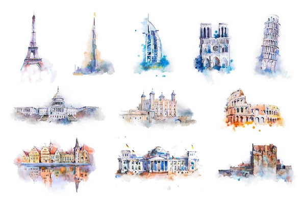 En ünlü binaları, Mimarlık, yerler Avrupa ve diğer ülkelerde çizim suluboya — Stok fotoğraf