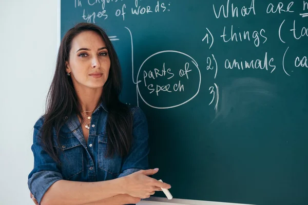 Student meisje permanent in de buurt van schoolbord in de klas — Stockfoto