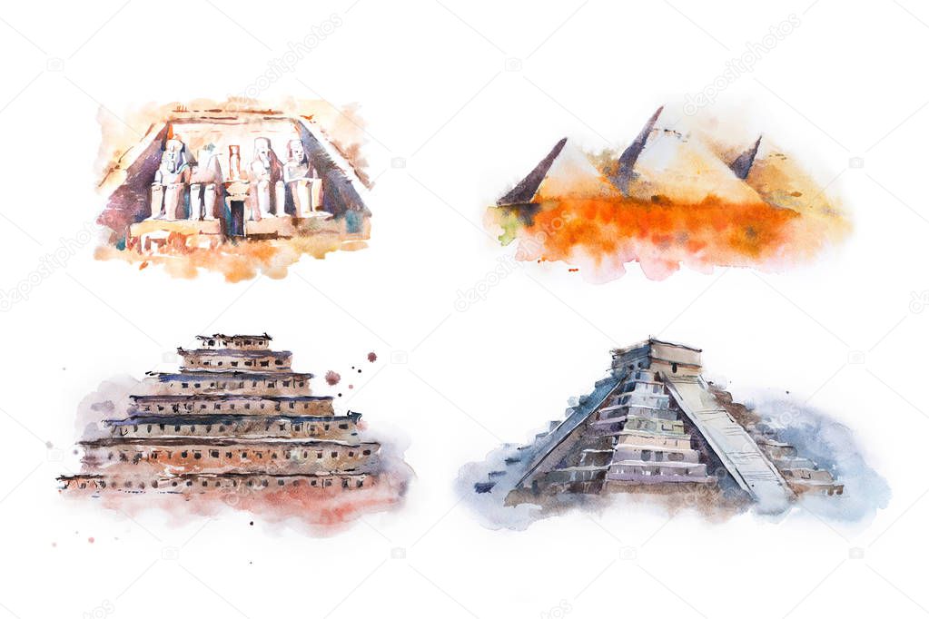 Watercolor drawing most famous buildings, architecture, sights of different countries. Abu Simbel, Great Temple of Ramesses, Giza Pyramids, Queens Pyramids, Chichen Itza, Temple of Kukulkan pyramid of