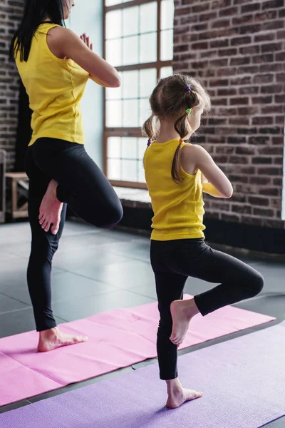 Mother and daughter practicing yoga together meditating standing on one leg with hands in prayer — Stock Photo, Image