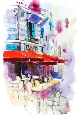 Cafe Teras eski sokak Avrupa Restoran suluboya resim.