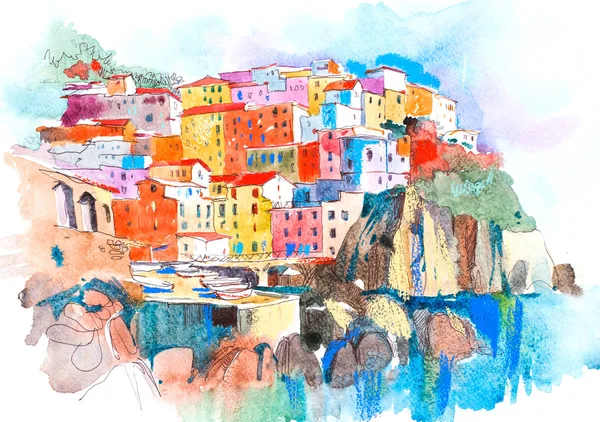 Picturesque city landscape. Summer resort town Watercolor illustration. — Stock Photo, Image