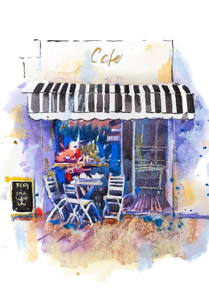 Schilderachtige stadslandschap straat café aquarel illustratie — Stockfoto