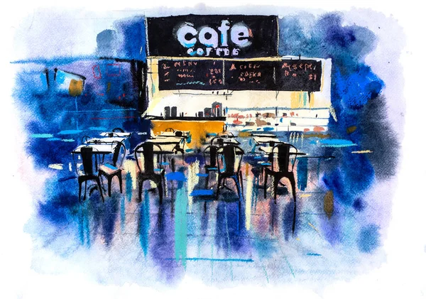 城市风景园林街咖啡厅水彩插画 — 图库照片