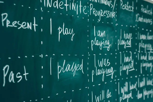 Englischunterricht, Schule, Fremdsprachenlernen. Kreidetafel. Grammatik der Verben. — Stockfoto