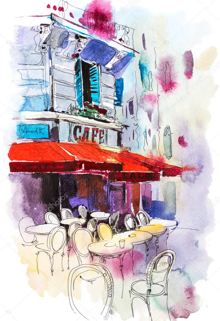 Cafe terrace Old street European restaurant Watercolor illustration.