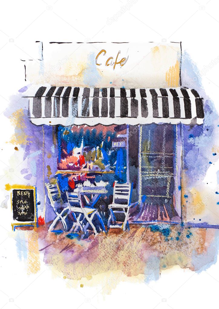 Urban scenic landscape street cafe Watercolor illustration