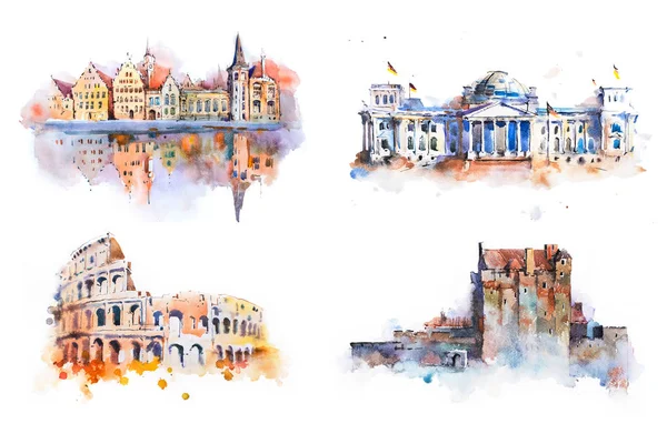 最も有名な建造物、建築物、欧州諸国の名所を描く水彩画. — ストック写真