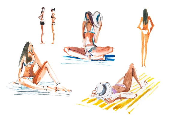 Lidí na pláži opalovací ženy, opalování dívky letní dovolená. — Stock fotografie