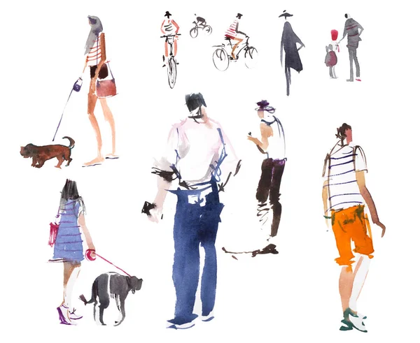 Diferentes tipos de personas caminando Ilustración de acuarela Dibujo rápido . — Foto de Stock