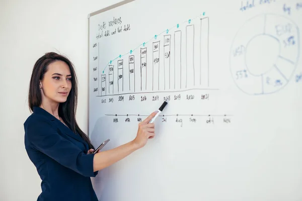 Business woman showing presentation on magnetic desk — Stock Photo, Image