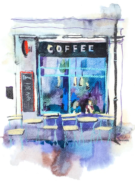 Fachada de casa com o velho café. Ilustração aquarela — Fotografia de Stock
