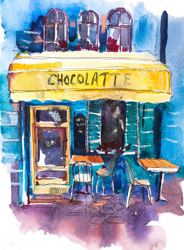 Exterior of vintage charming cafe terrace Watercolor illustration.