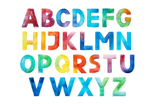 Colorful watercolor aquarelle font type handwritten hand draw abc alphabet letters. — Stock Photo, Image