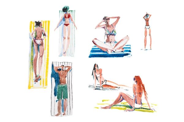 Lidí na pláži letní dovolenou. Akvarel, ilustrace. — Stock fotografie