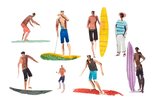 サーフィン サーフボードの文字。水彩イラスト。夏の休暇. — ストック写真