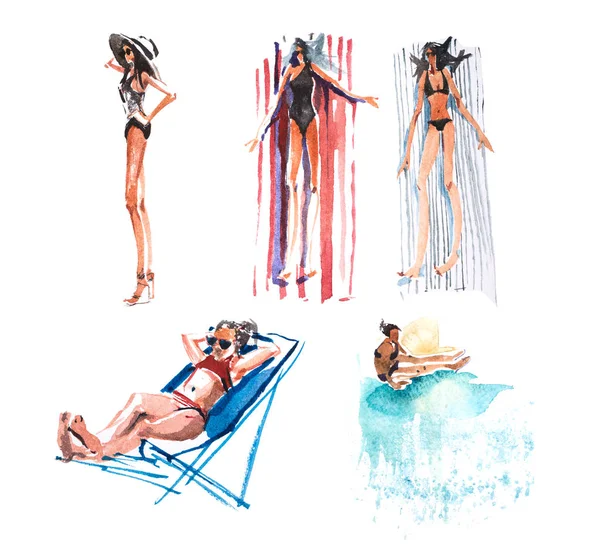 年轻妇女, 女孩在比基尼日光浴在海滩假日, 暑假 — 图库照片