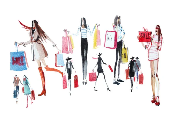 People Shopping Bags Sale Watercolor Illustration — Stock Photo, Image