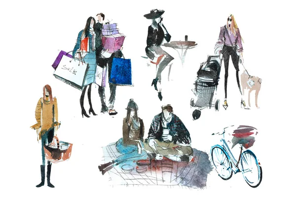 Pessoas aquarela com sacos de compras. Moda, venda, outono — Fotografia de Stock