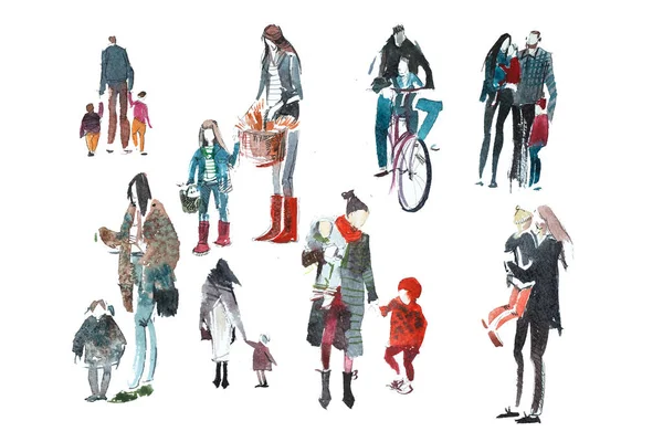 Handgezeichnete Aquarellmenschen mit Einkaufstaschen. Mode, Verkauf. — Stockfoto