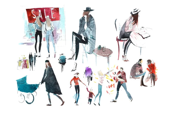 手描き水彩人ショッピング バッグ。ファッション、販売. — ストック写真