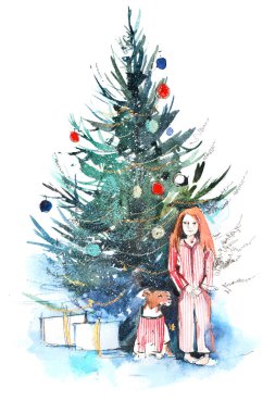 Noel ağacı yanında küçük kız. Yeni yıl, xmas kutlama. Suluboya.