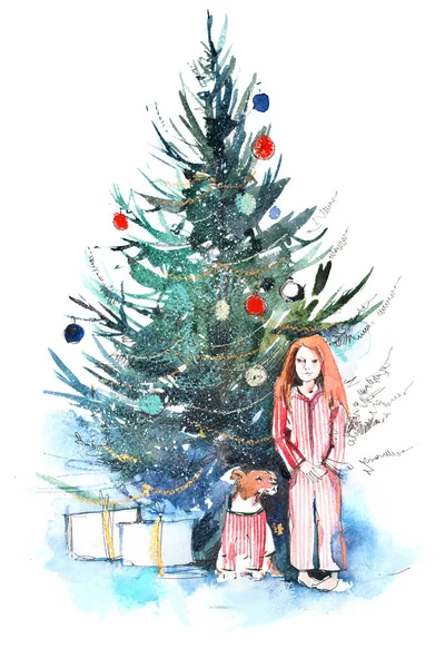 Kleines Mädchen in der Nähe des Weihnachtsbaums. Neujahr, Weihnachtsfeier. Aquarell. — Stockfoto