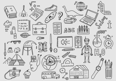 Elle çizilmiş vektör doodle okul simgeler ve semboller.