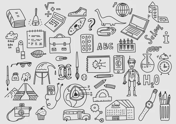 Icone e simboli della scuola doodle vettoriale disegnati a mano . — Vettoriale Stock