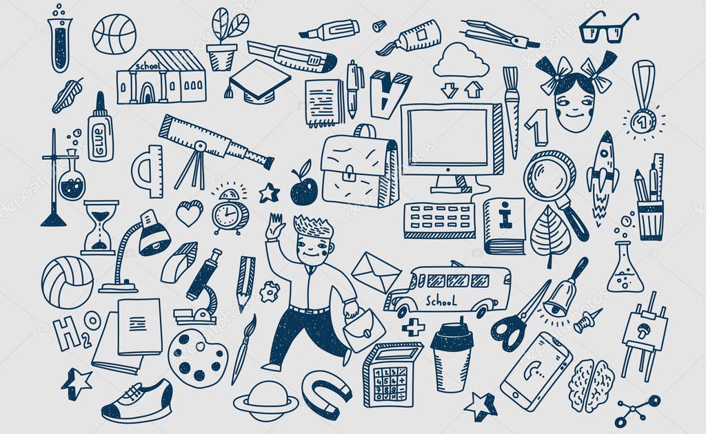 Hand drawn vector doodle school icons and symbols